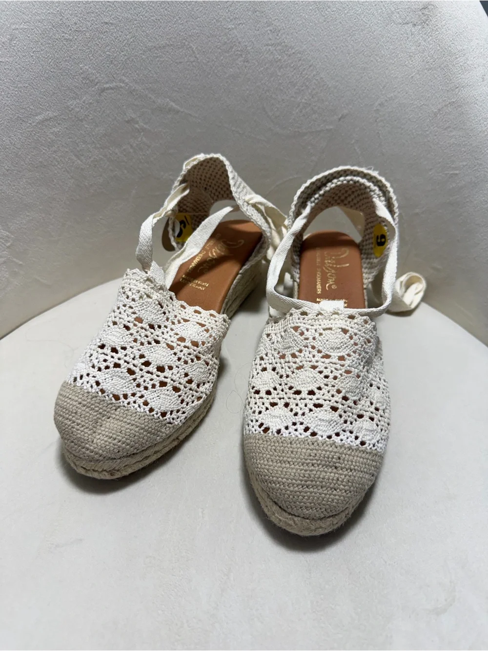NWT Dalson Espadrille Crochet Lace Wedge Sandals Ankle Tie Ecru Size 9